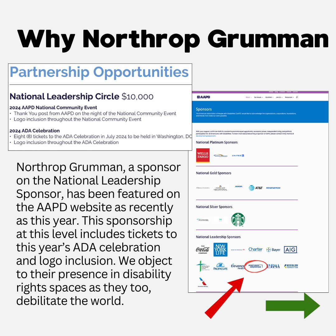 DisabilitDivest's tweet photo. Northrop Grumman, a sponsor on the National Leadership Sponsor, has been featured on the AAPD website as recently as this year. This sponsorship at this level includes tickets to this year’s ADA celebration and logo inclusion. We object to their presence in disability rights. https://t.co/WAaIECwOfJ