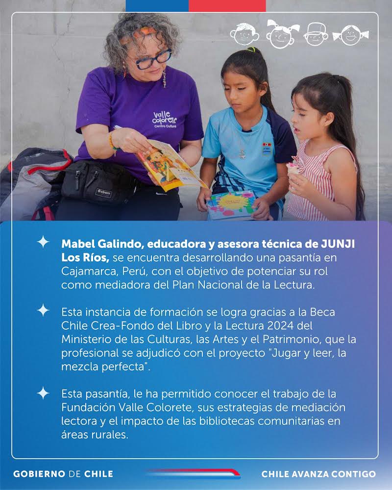 JUNJI_Chile's tweet image. Mabel Galindo, educadora y asesora técnica de @JUNJI_Losrios, desarrolla esta pasantía en Cajamarca, Perú, con el objetivo de potenciar su rol como mediadora del @planlectura_cl y potenciar así los aprendizajes de niñas y niños en el aula. 📚👏🏻💛