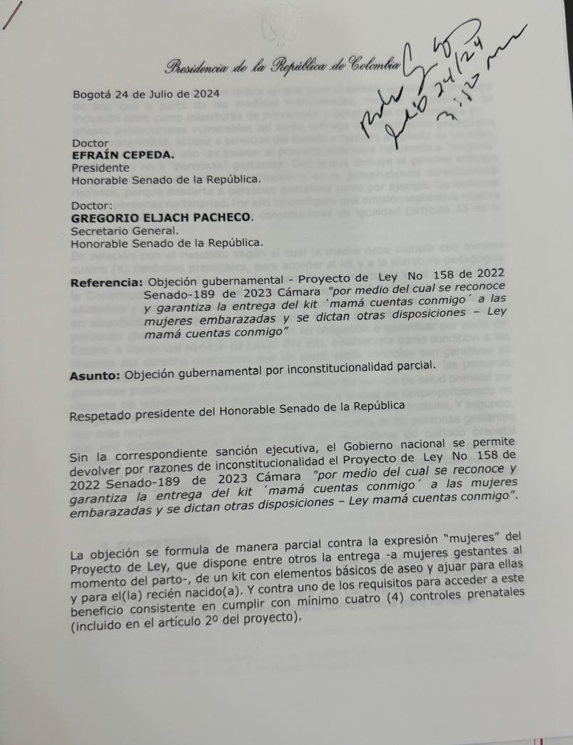 Maryaristizabal's tweet photo. El gobierno acaba de objetar por inconstitucional la ley “mamá cuentas conmigo”… ojo a la razón: el texto habla de “mujeres gestantes” con lo que, según argumenta el Ministerio de la Igualdad, desconoce que pueda haber hombres trans gestantes y personas no binarias gestantes. https://t.co/6KnjioUbqv