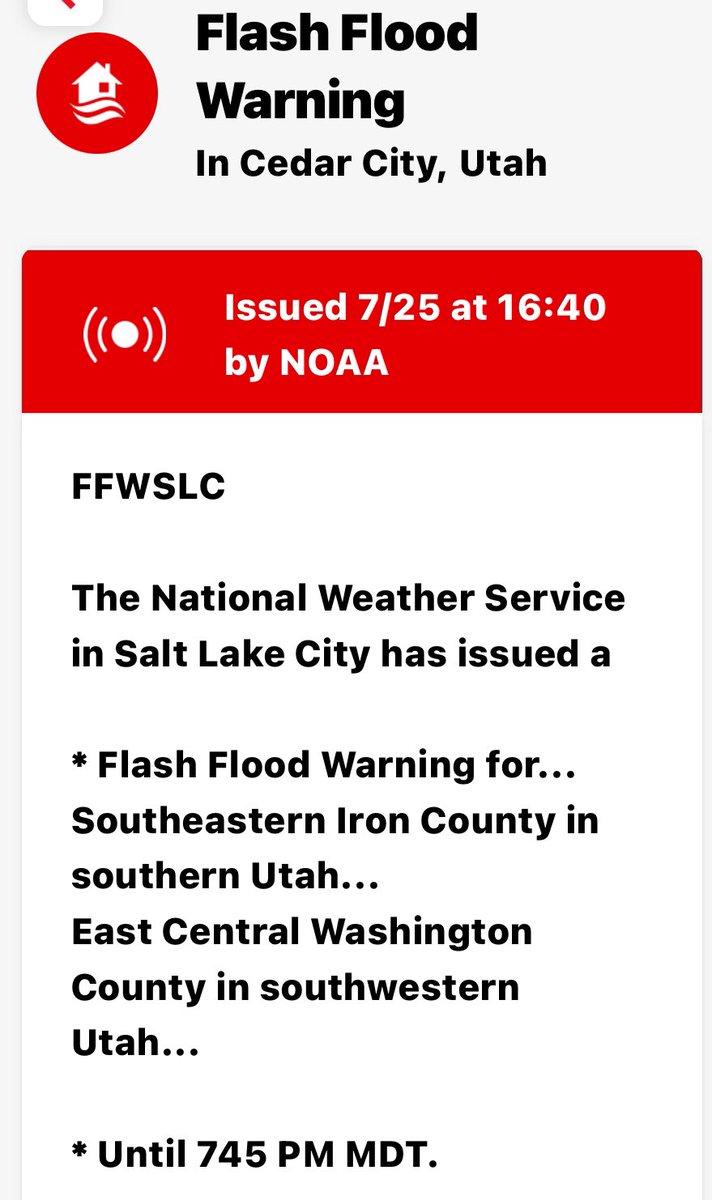 SWUtahWxSpotter's tweet photo. ‼️Flash Flood Warning‼️ 
Southern Utah - Southeastern Iron County, East Central Washington County in Southwestern Utah until 745 PM. #FloodAlert #southernutah #cedarcityut #Utah #utwx #wx #floodwarning https://t.co/2dGv0BxMxk