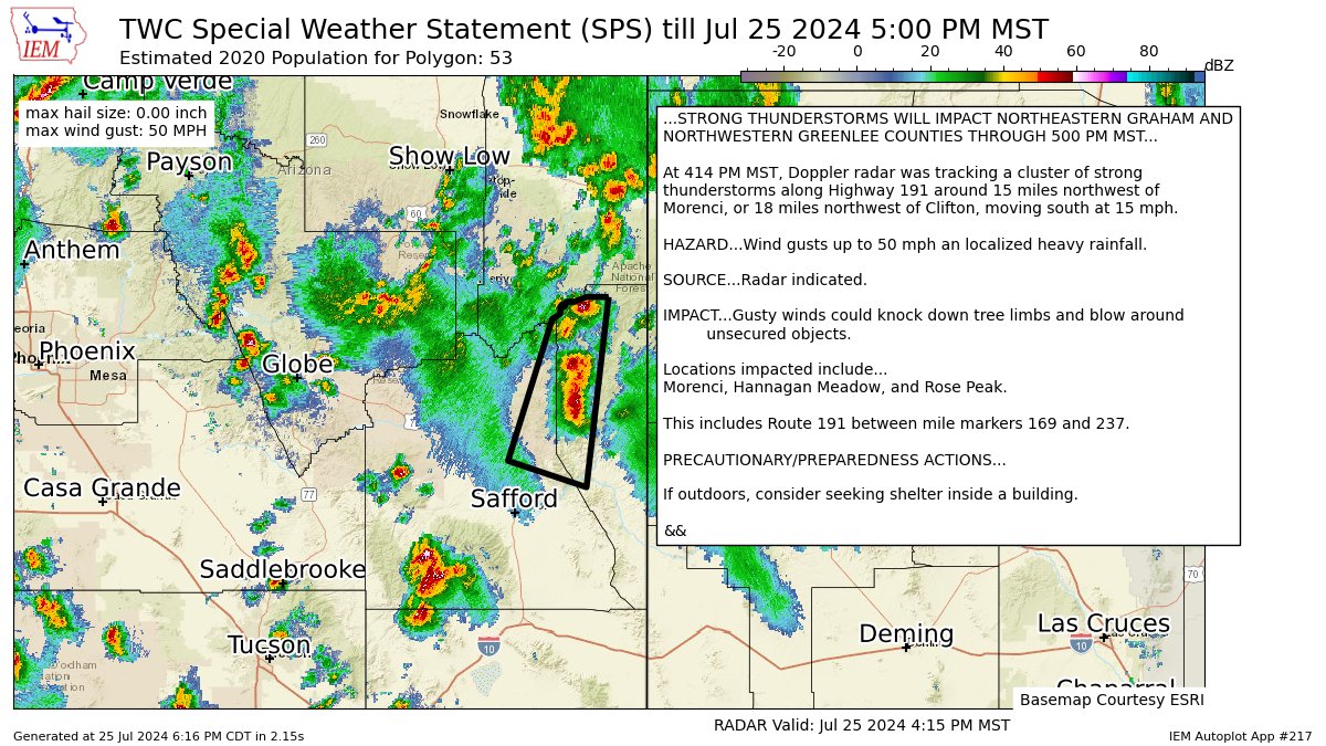 iembot_twc's tweet image. STRONG THUNDERSTORMS WILL IMPACT NORTHEASTERN GRAHAM AND NORTHWESTERN GREENLEE COUNTIES THROUGH 500 PM MST [wind: 50 MPH, hail: 0.00 IN] for Upper Gila River and Aravaipa Valleys including Clifton/Safford, White Mountains of Graham and Greenlee Coun... mesonet.agron.iastate.edu/p.php?pid=2024…