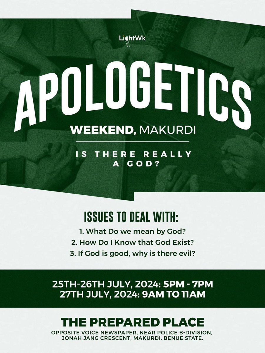lightwkonline's tweet photo. APOLOGETICS WEEKEND MAKURDI - DAY 2.
Join us this evening for another refreshing time of learning, unlearning, and relearning.
Todays Focus : How do I know that God exists?
See you later.
Pedal to the metal!
LightWk: Go! Promote! Train!
#lightwk
#apologeticsweekendmakurdi https://t.co/hbUdvpIz4z