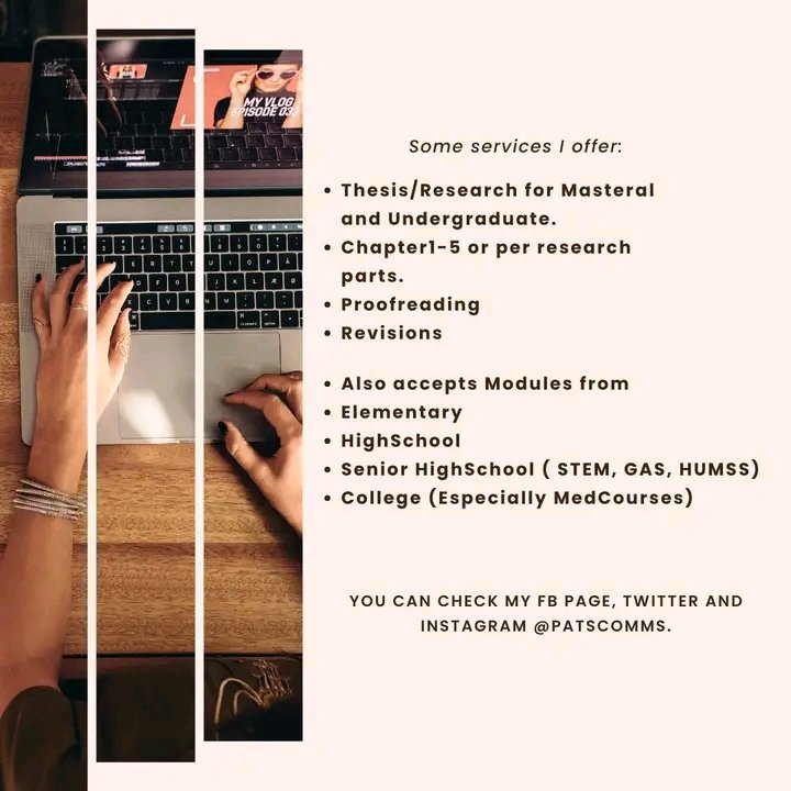 Hello! if ever need niyo ng help sa paggawa ng RESEARCH/ THESIS, ESSAYS, LABORATORY REPORT/ACTIVITIES/ POWERPOINT PRESENTATIONS, SCRIPT ETC.

LAGI PO AKONG AVAILABLE FOR RUSH AND NON RUSH COMMISSIONS. MESSAGE ME LANG FOR INQUIRIES. 💗