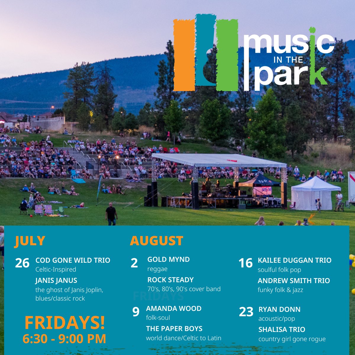 Hey West Kelowna, join us for our free summer concerts series! 🎼

Enjoy live music, food trucks and family fun every Friday night.

📅 Friday, July 26
⏰ 6:30 - 9:00 p.m.
📍 Annette Beaudreau Amphitheatre - 3737 Old Okanagan Hwy
