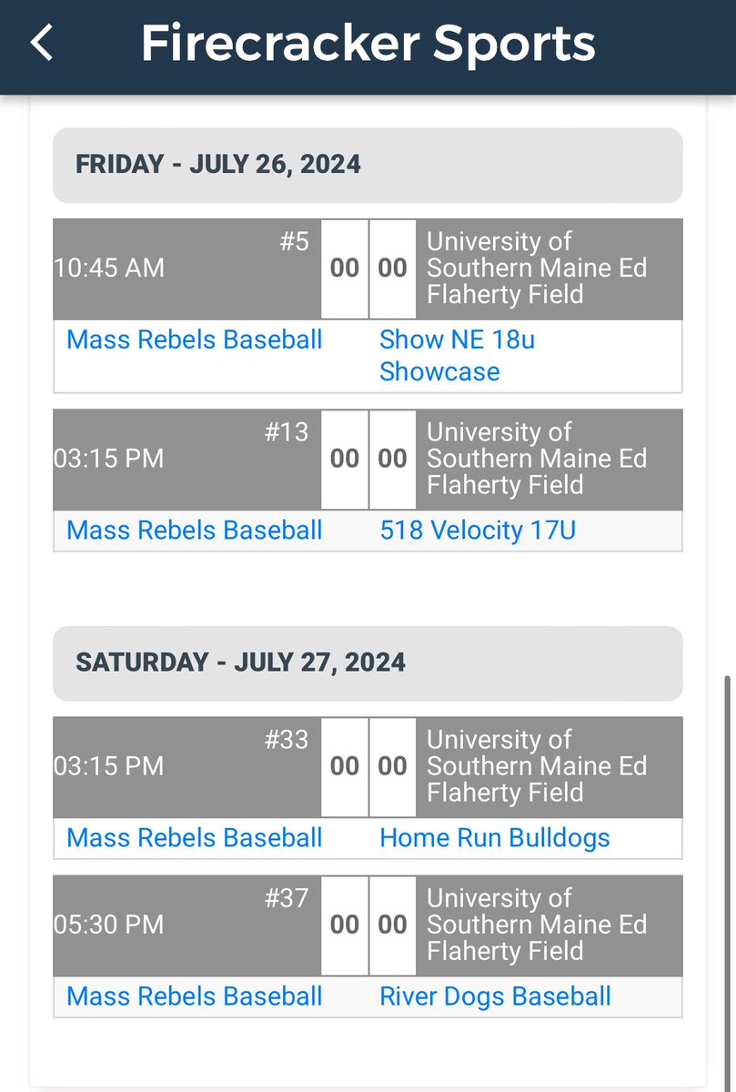 Mitchell Canuel (@mitchellcanuel) on Twitter photo Weekend schedule for
<a href="/Rebels_Mass/">Mass Rebels Baseball</a> in the
<a href="/firecrackerbsb/">Firecracker Baseball</a> 2nd Annual All American Summer Classic Tournament
Sat, 10:45 AM & 3:15 PM
Sun 3:15 PM & 5:30 PM
University Southern Maine <a href="/usmhuskies/">USM Huskies</a>
<a href="/DerekGittus/">Derek Gittus</a> <a href="/skipbaseball/">Skip McCarty</a> <a href="/NE_Baseball/">NE Baseball Journal</a> <a href="/NEPSAC/">NEPSAC ®</a> <a href="/AthleticsEIL/">EIL Athletics</a> <a href="/AbbeyRavens/">Portsmouth Abbey School</a> Weekend schedule for
<a href="/Rebels_Mass/">Mass Rebels Baseball</a> in the
<a href="/firecrackerbsb/">Firecracker Baseball</a> 2nd Annual All American Summer Classic Tournament
Sat, 10:45 AM & 3:15 PM
Sun 3:15 PM & 5:30 PM
University Southern Maine <a href="/usmhuskies/">USM Huskies</a>
<a href="/DerekGittus/">Derek Gittus</a> <a href="/skipbaseball/">Skip McCarty</a> <a href="/NE_Baseball/">NE Baseball Journal</a> <a href="/NEPSAC/">NEPSAC ®</a> <a href="/AthleticsEIL/">EIL Athletics</a> <a href="/AbbeyRavens/">Portsmouth Abbey School</a>