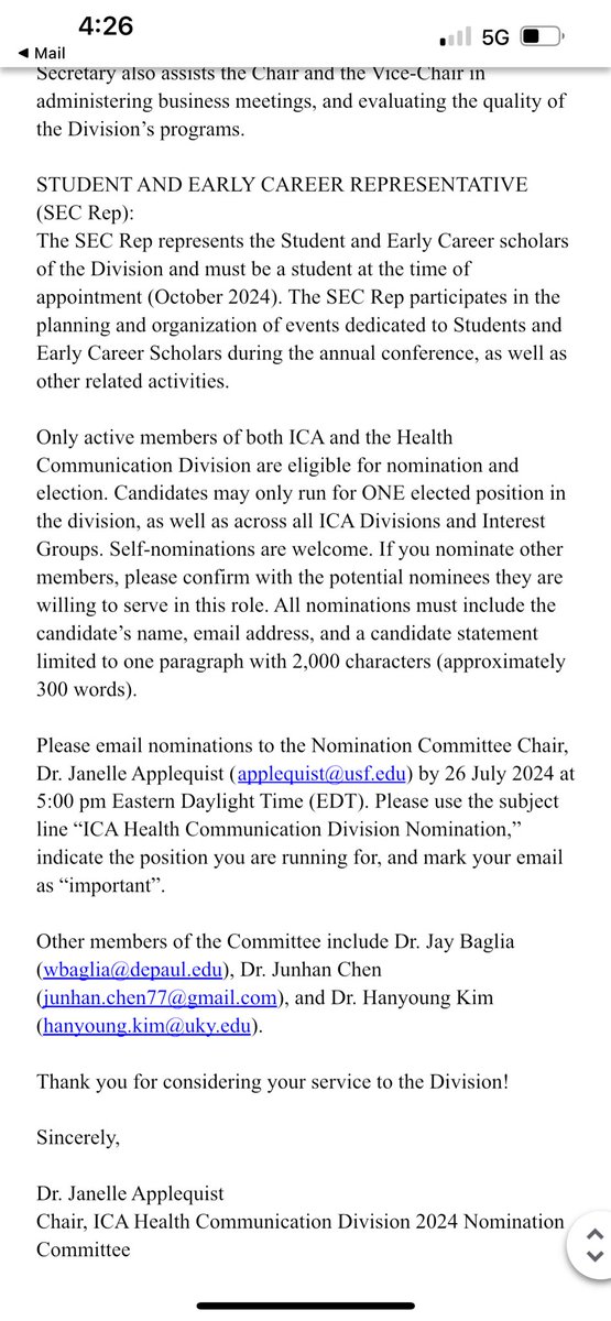 Jingwen Zhang (@jingwenzhang) on Twitter photo ICA Health Comm Division Officer Nominations close tomorrow! Email nominations to Dr. Janelle Applequist (applequist@usf.edu) by 26 July 5pm (EDT). subject line “ICA Health Communication Division Nomination,” indicate the position you are running for, and mark email “important” ICA Health Comm Division Officer Nominations close tomorrow! Email nominations to Dr. Janelle Applequist (applequist@usf.edu) by 26 July 5pm (EDT). subject line “ICA Health Communication Division Nomination,” indicate the position you are running for, and mark email “important”