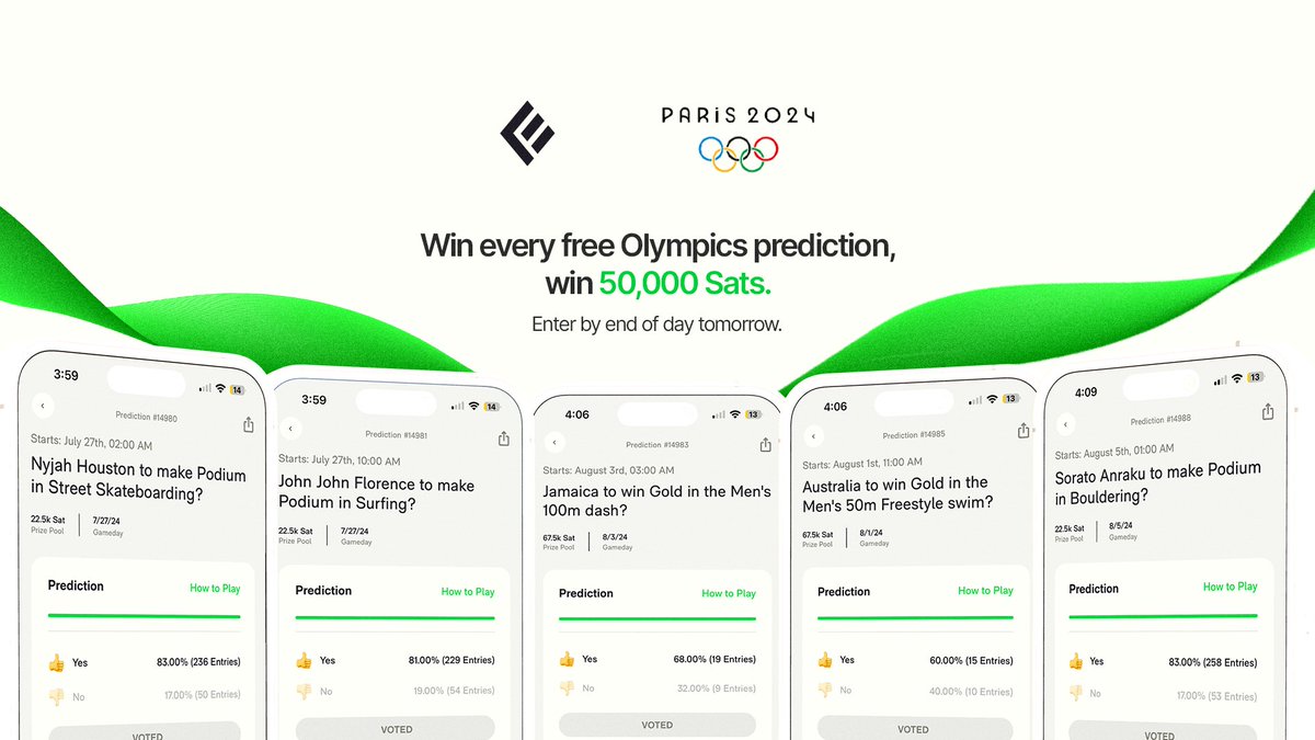 joinember's tweet image. The 2024 Olympics start THIS WEEKEND! Enter in all of the free predictions for a chance to win 50,000 Sats! Here's how to enter: