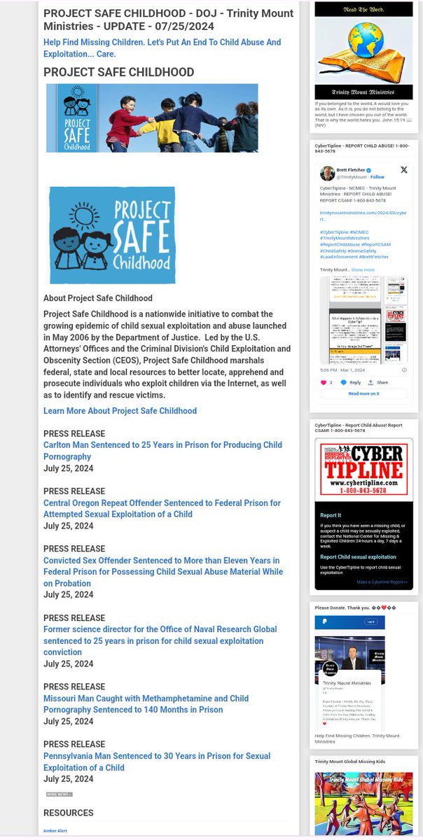 TrinityMount's tweet photo. PROJECT SAFE CHILDHOOD - DOJ - Trinity Mount Ministries - UPDATE - 07/25/2024
https://t.co/bzzzREMgUZ
#TrinityMountMinistries #ProjectSafeChildhood #ChildPredatorsConvicted #ChildSafety #OnlineSafety #LawEnforcement #Police #DOJ #DHS #FBI #CyberTipline #EndChildTrafficking #ReportChildAbuse #ReportCSAM #BrettFletcher
Trinity Mount Ministries
https://t.co/HuvwDRI6A8