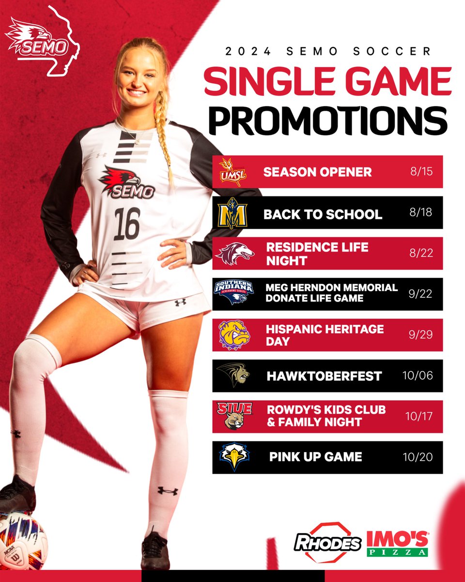 2024 SEMO Soccer Single Game tickets are on sale now! Take a look at this year’s promotions schedule and save on admission by purchasing tickets online at SEMORedhawks.com/tickets

Learn more about upcoming promotions at SEMORedhawks.com/promotions 

#FeelinRowdy