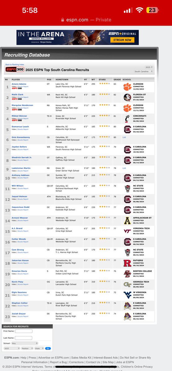 ESPN 2025 Top South Carolina Recruits