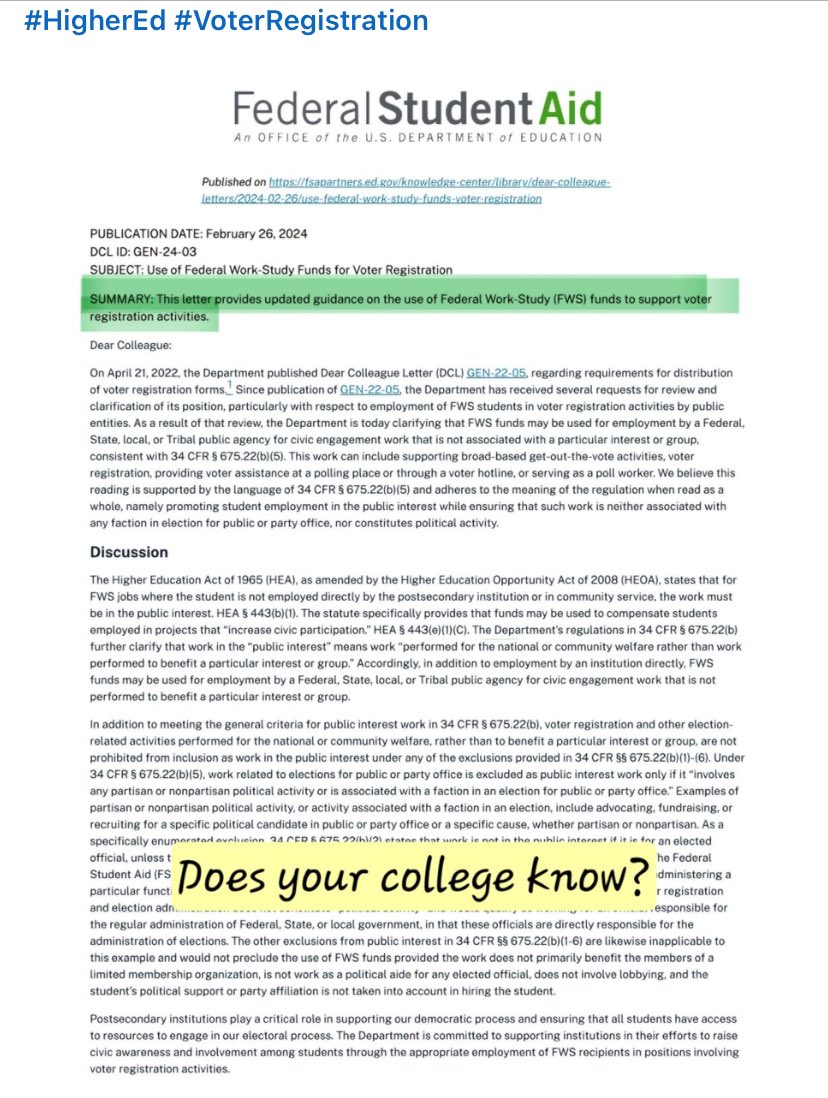 Michael Dannenberg (@m_dannenberg1) on Twitter photo A little idea of mine was embraced by the Biden admin & announced by VP Harris. Colleges and local boards of election can tap federal work study funds to pay students to do voter registration work. Giddy up. <a href="/nasfaa/">NASFAA</a> <a href="/YoungInvincible/">Young Invincibles</a> #Youth #Vote #2024
secure.everyaction.com/MV-eyYLU206OT5… A little idea of mine was embraced by the Biden admin & announced by VP Harris. Colleges and local boards of election can tap federal work study funds to pay students to do voter registration work. Giddy up. <a href="/nasfaa/">NASFAA</a> <a href="/YoungInvincible/">Young Invincibles</a> #Youth #Vote #2024
secure.everyaction.com/MV-eyYLU206OT5…