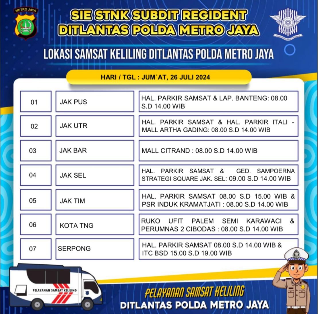TMCPoldaMetro's tweet photo. Lokasi Pelayanan #SAMLING Samsat Keliling Dit Lantas Polda Metro Jaya, Jumat, 26 Juli 2024. https://t.co/wNNJzpVpf1