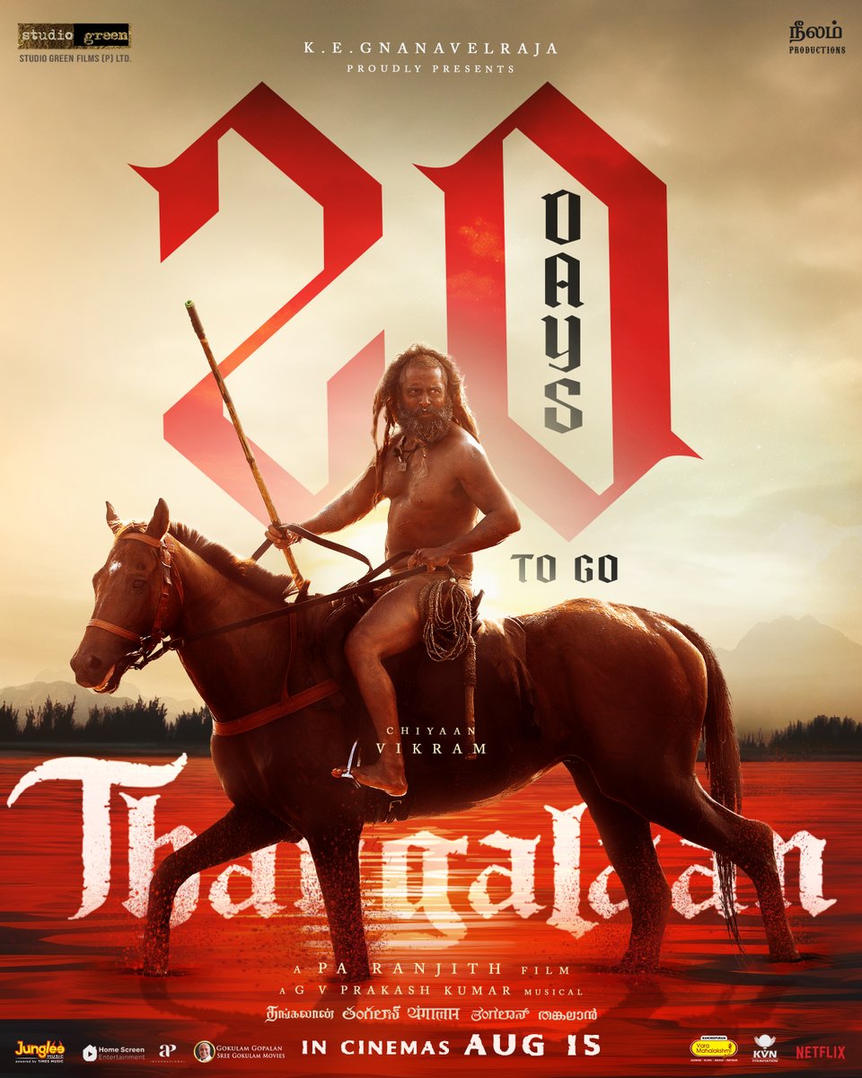 officialneelam's tweet photo. 20 days until the epic historic eruption 🌋

#Thangalaan will storm cinemas worldwide from August 15 ❤️

#ThangalaanFromAug15 

@Thangalaan @chiyaan @beemji @GnanavelrajaKe @StudioGreen2 #NeelamProductions @parvatweets @MalavikaM_ @gvprakash @NehaGnanavel @Dhananjayang @KvnProductions @APIfilms @homescreenent @MangoMassMedia @GokulamMovies @NetflixIndia @jungleemusicSTH