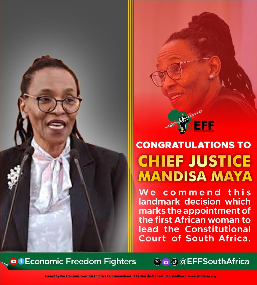 EFFSouthAfrica's tweet photo. Salute Chief Justice Mandisa Maya!

 Notably, Chief Justice Maya is the founder of the South African Chapter of the International Association of Women Judges, showcasing her commitment to gender equality in the judiciary. 

She holds the distinction of delivering the first judgment in isiXhosa reflecting her dedication to judiciary transformation.