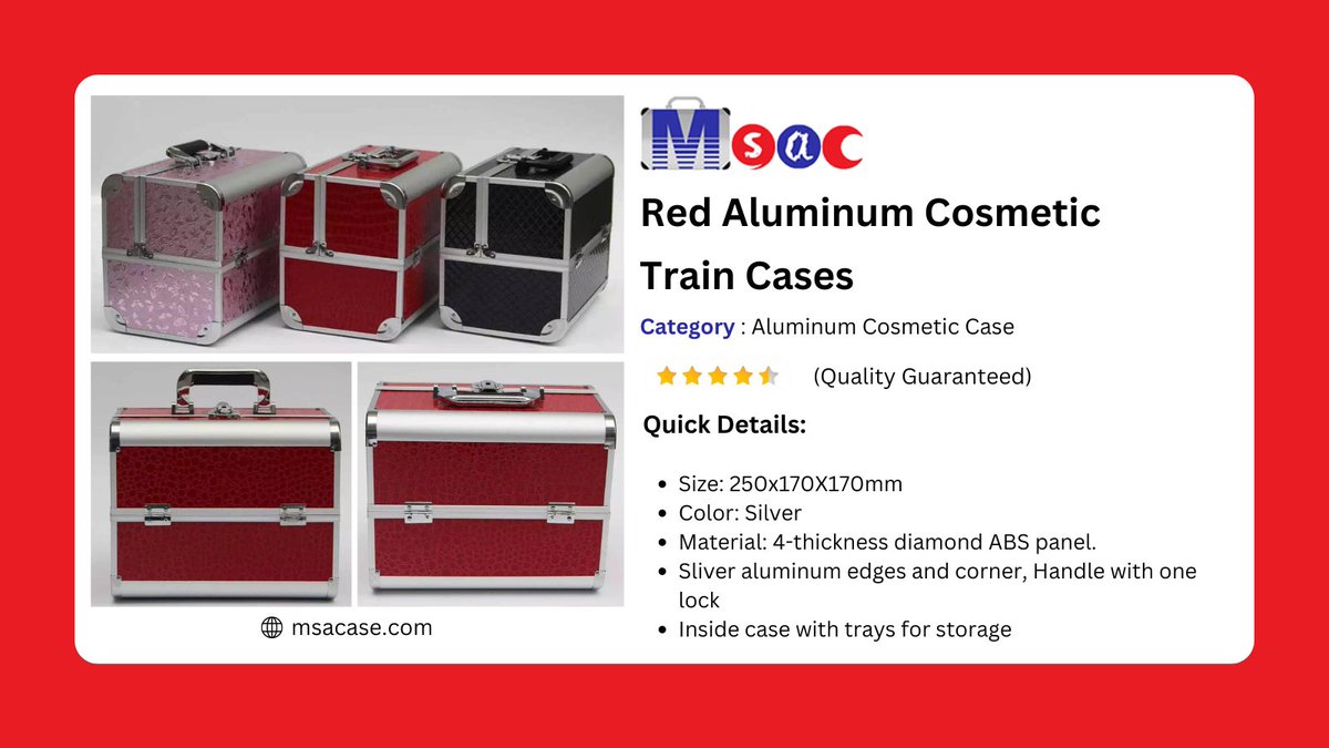 MSACaseCo's tweet photo. Don't compromise on style or protection! MSACase's Red Aluminum Cosmetic Train Case offers the best of both worlds. The sleek red aluminum exterior is built to last, while the spacious interior with an expandable tray keeps your makeup safe and organized. https://t.co/1BBe8Ck8R8 https://t.co/flQxVD37Zr