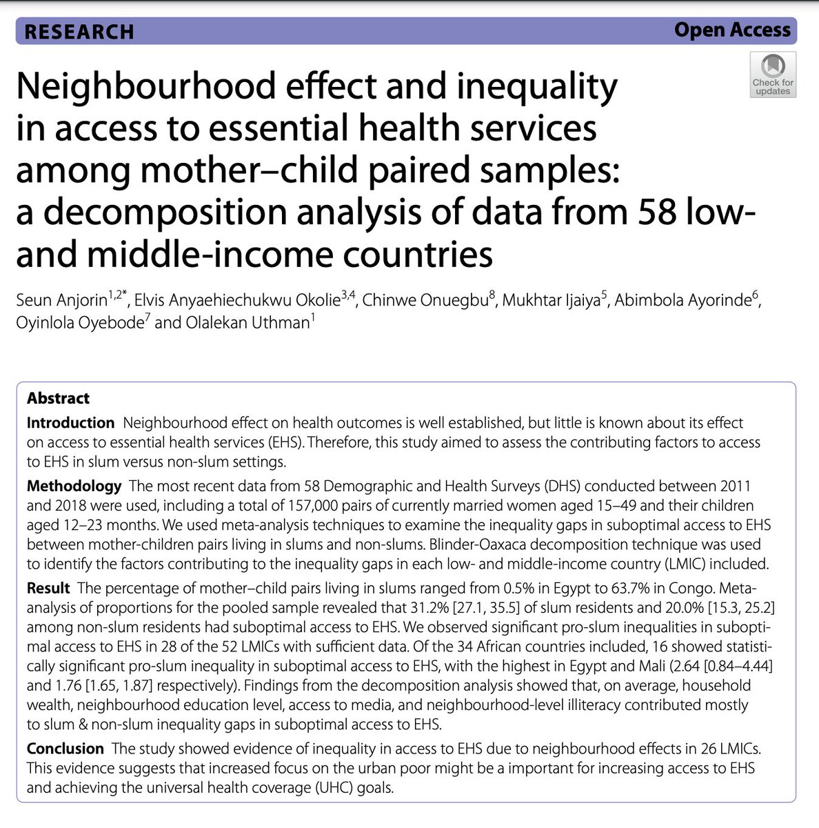 The latest publication from my PhD, has some interesting ways of classifying slum residences and access to essential health services. Full story here: link.springer.com/article/10.118…
