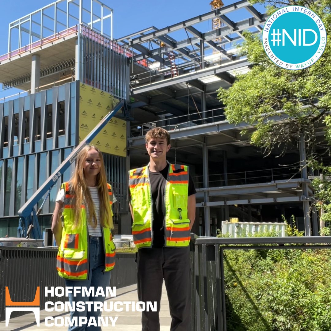 HoffmanCorp's tweet photo. These two Hoffman interns attend @OregonState - but they've been assigned to work at @uoregon. A social dilemma? Not for these two rock stars. We love having them at the Knight Campus Building 2 project. #NationalInternDay https://t.co/sVhOqHtAKV