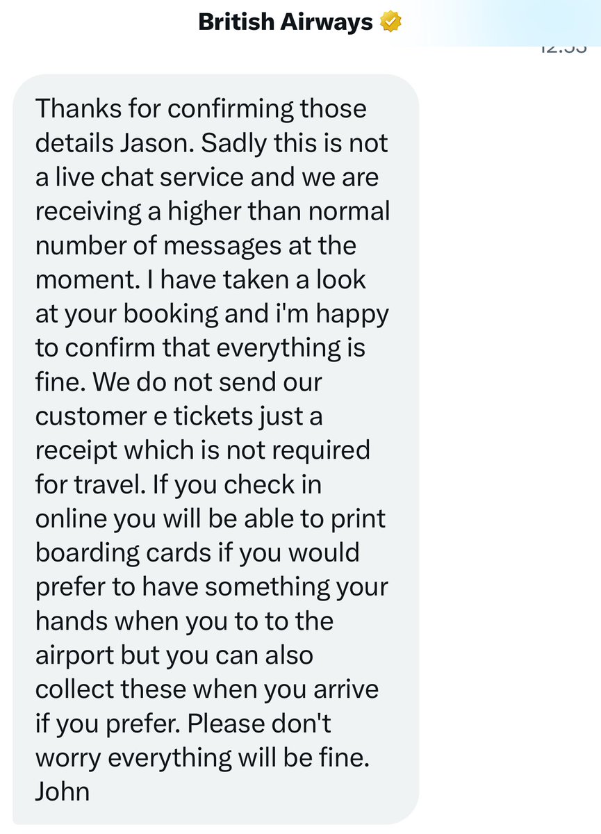 Jase_OT's tweet photo. @British_Airways According to the DM received yesterday (attached) from @British_Airways ‘everything will be fine’

What part of fine is having now to travel from London City Airport to Gatwick due to a short runway and the plane being overweight? https://t.co/VOeBSppGxB
