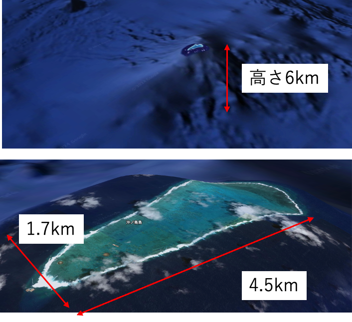 沖ノ鳥島 干潮時の面積は5km2だから、池袋の5倍の広さ。 海底から6000m