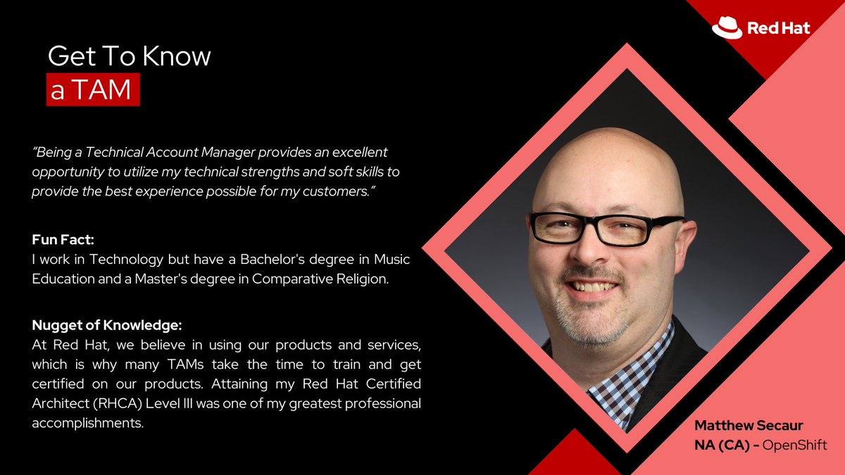 redhatservices's tweet photo. 🌟Get to know our stellar Technical Account Manager, Matthew Secaur!🌟 Dive into how he navigates the complex tech landscape to deliver top-notch solutions. Visit our TAM page to learn more: https://t.co/vOg0DoRqtm #RedHatTAM https://t.co/B5NfKQvAdn