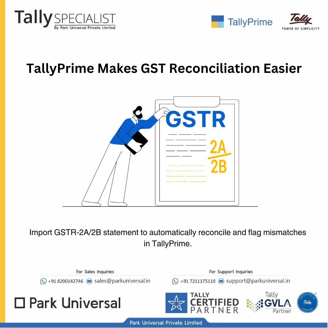 specialisttally's tweet photo. Import your GSTR-2B/2A statement into TallyPrime for automatic reconciliation. Get a quick, comprehensive summary of reconciled transactions and mismatches.
#tally #GST #GSTSolution #tallysolutions https://t.co/unQAGK9em6