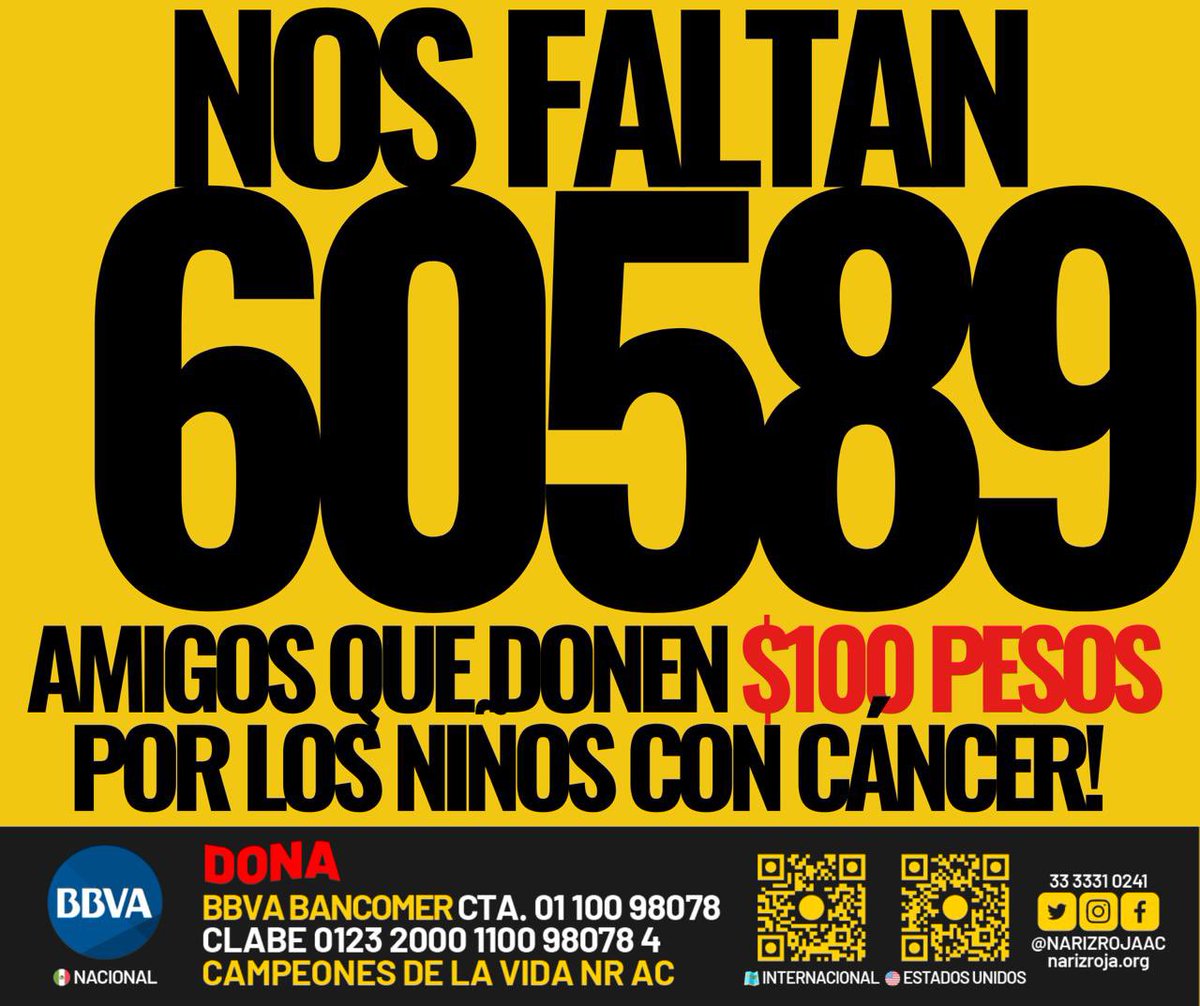 Buscamos 60,589 mexicanos que les guste ayudar y donen $100 pesos o más para lograr juntos construir el albergue para niños con cáncer en Chihuahua 

Los milagros suceden si todos nos unimos 

🇲🇽 BBVA  Cuenta: 0110098078 Clabe:  012320001100980784  Campeones de la vida NR AC