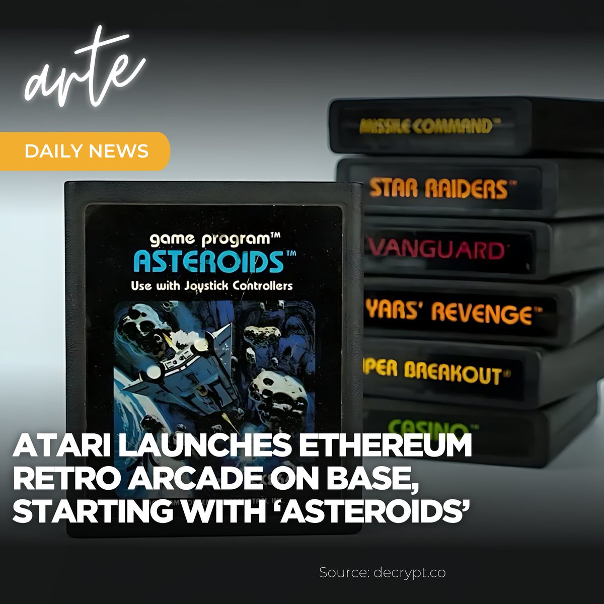 📢 arte Daily News

@Atari Launches @Ethereum Retro Arcade on Base, Starting With ‘Asteroids’.

#Atari revamps Asteroids with blockchain tech, requiring a $5.25 NFT pass for leaderboard access and $1,000 prizes.

tinyurl.com/y676b6wn

@decryptmedia