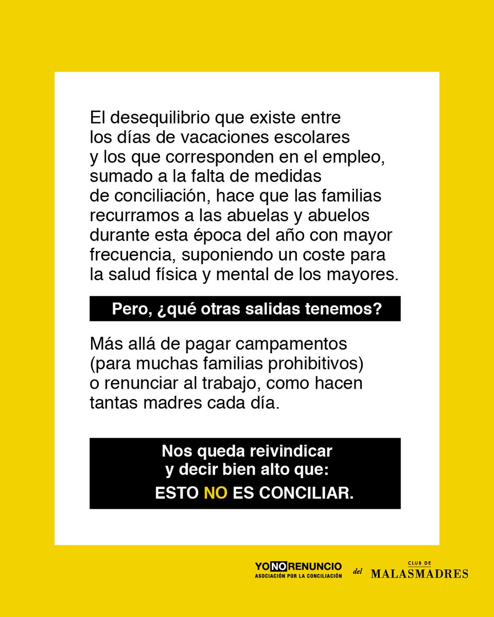malasmadres's tweet photo. 💬Este es uno de los testimonios recogidos en nuestro estudio: "Es horrible que cada vez que tienen vacaciones. La única opción viable y compatible con el trabajo es llevársela a los abuelos que viven a casi una hora de mi casa". https://t.co/35rSAkScn0