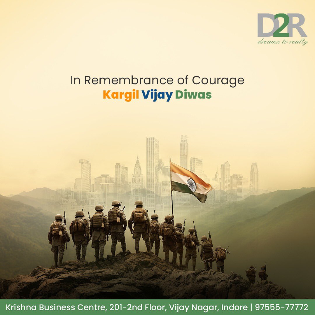 D2R_Realty's tweet photo. “Kargil Diwas: Honoring the brave souls who fought valiantly for our nation’s pride and sovereignty. Their sacrifice will always be remembered. 
#Jai Hind!” #jaibharat #bravesoliders #alwaysremember https://t.co/O5zJXRNoir