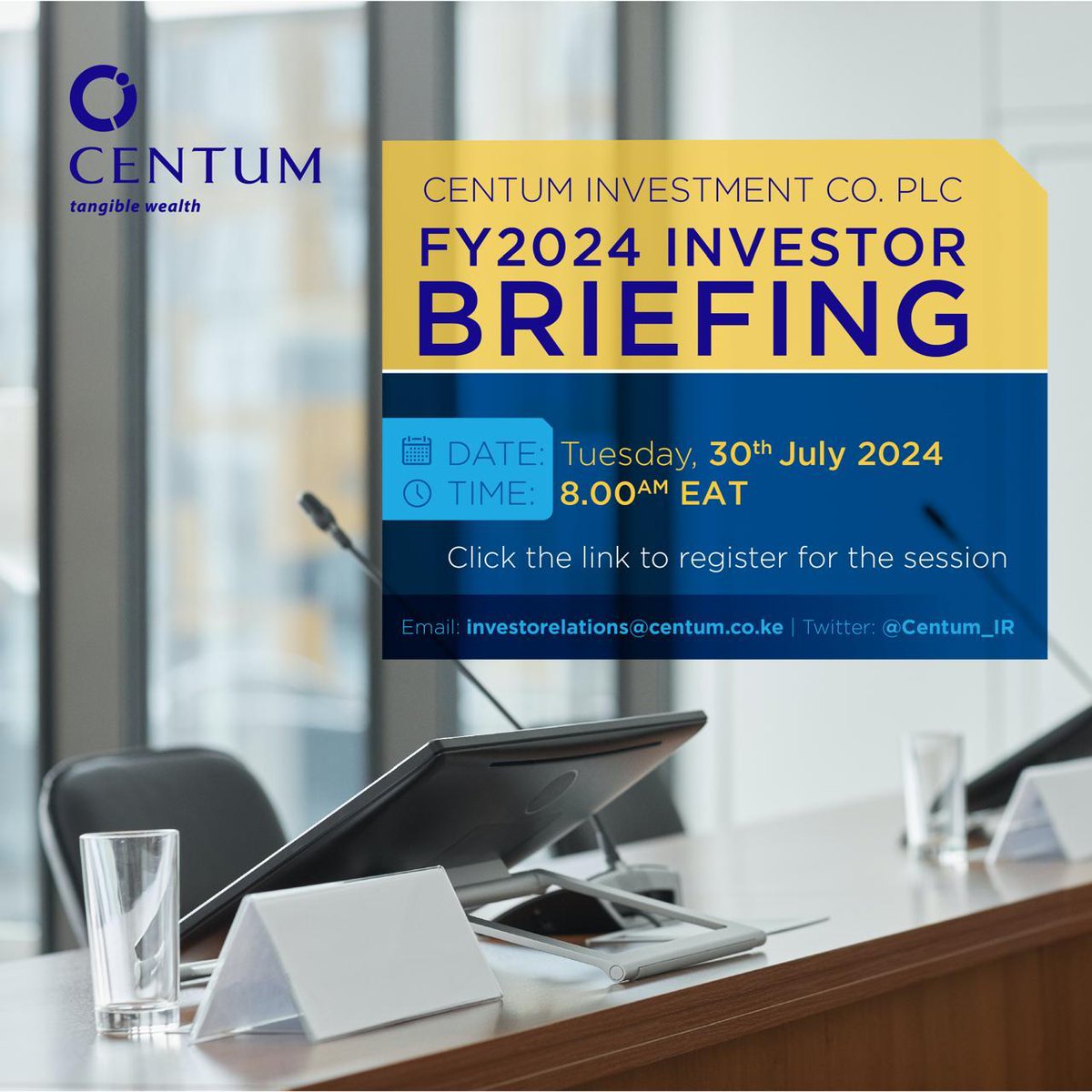Centum Investment (@centumplc) on Twitter photo FY2024 Investor Briefing of <a href="/CentumPLC/">Centum Investment</a> is scheduled for Tuesday, 30th July 2024 at 8:00AM EAT
To participate, please register using this link
attendee.gotowebinar.com/register/76403…
For queries, email: investorelations@centum.co.ke.
Engage us on X <a href="/Centum_IR/">Centum Investor Relations</a>
#FY2024 #InvestorBriefing #Centum FY2024 Investor Briefing of <a href="/CentumPLC/">Centum Investment</a> is scheduled for Tuesday, 30th July 2024 at 8:00AM EAT
To participate, please register using this link
attendee.gotowebinar.com/register/76403…
For queries, email: investorelations@centum.co.ke.
Engage us on X <a href="/Centum_IR/">Centum Investor Relations</a>
#FY2024 #InvestorBriefing #Centum