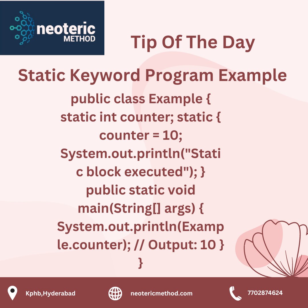 NMethod93321's tweet image. Unlock the power of the static keyword in Java! It allows you to create variables and methods that belong to the class rather than instances, saving memory and enabling easy access. #JavaProgramming #CodingTips #StaticKeyword #JavaDevelopers #LearnJava #NeotericMethod