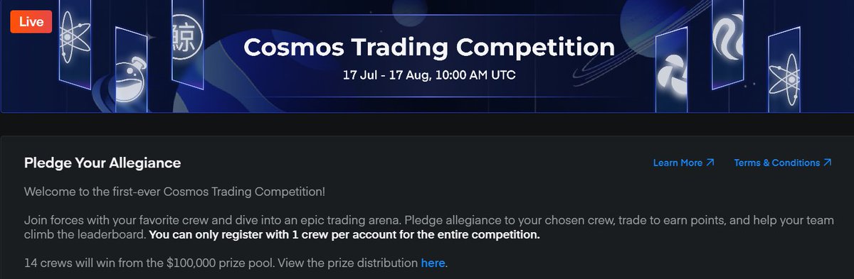 demexchange's tweet image. Trade, lend and compete to lead your crew to victory in the #CosmosTradingLeague 🚀

💙 Register with one crew per account for the entire competition
🤝🏻 Pledge your allegiance by lending your crew's native asset on Nitron
🔥 Trade on any perp market to accumulate points - The…