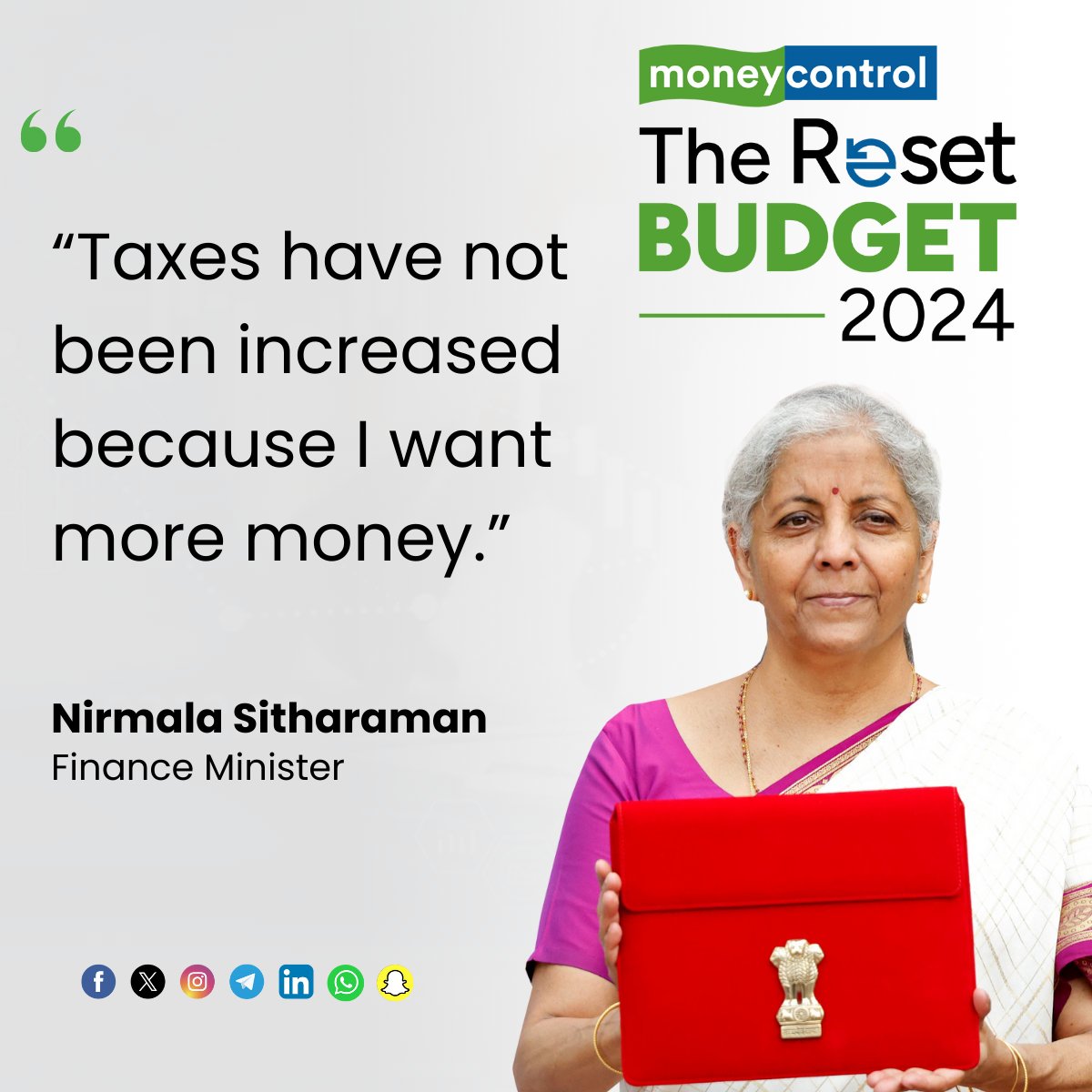 moneycontrolcom's tweet photo. #BudgetWithMC | Taxes have not been increased because I want more money, said Finance Minister @nsitharaman as she discussed the rationale behind big #tax changes in #Budget2024.
#OpenHouseWithFM #UnionBudget2024 #NirmalaSitharaman | @nsitharamanoffc @FinMinIndia | @CNBCTV18Live