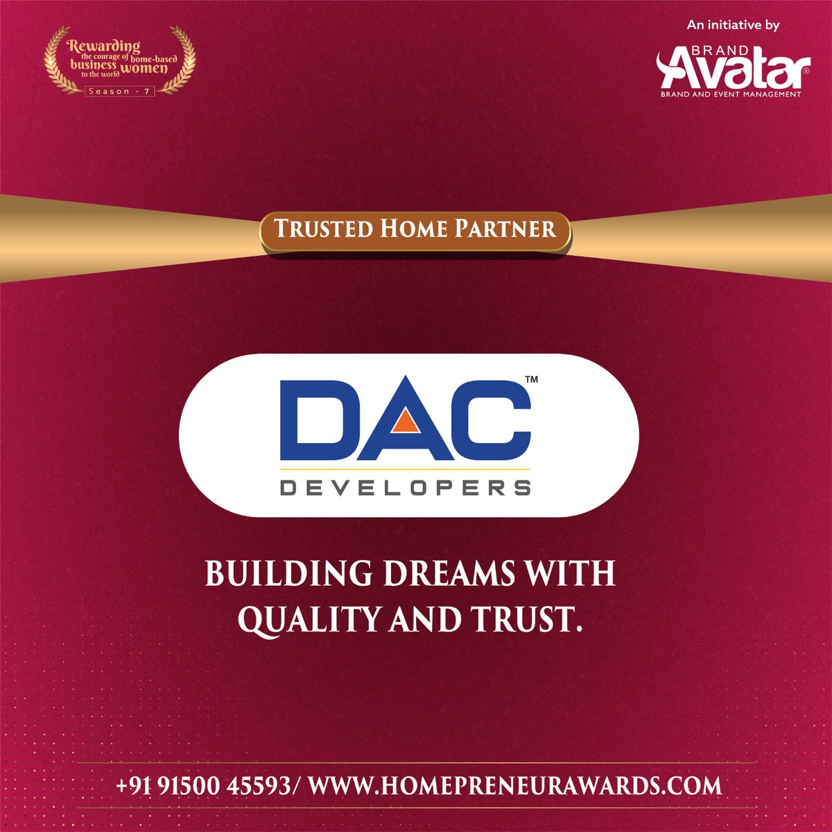 HomepreneurAwrd's tweet image. Honoring DAC Developers, our trusted home partner for the Homepreneur Awards. Building dreams with quality and trust. 🏡✨ #HomepreneurAwards #DACDevelopers #BuildingDreams #QualityAndTrust  #TrustedPartner #WomenEntrepreneurs #BusinessWomen #Empowerment #BrandAvatar #DreamHomes