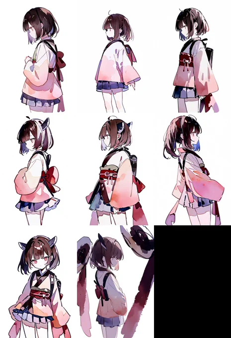 LoRAモデルを違う画風で出力した場合。①Dim&Alpha=32②Dim&Alpha=64③Dim&Alpha=128④Dim&Alpha=256生成のベースはAnimagineV3.1。プロンプトに「watercolor」と入れると、LoRAの学習データセットには水彩画はなかったのに水彩っぽく出力してくれる。 