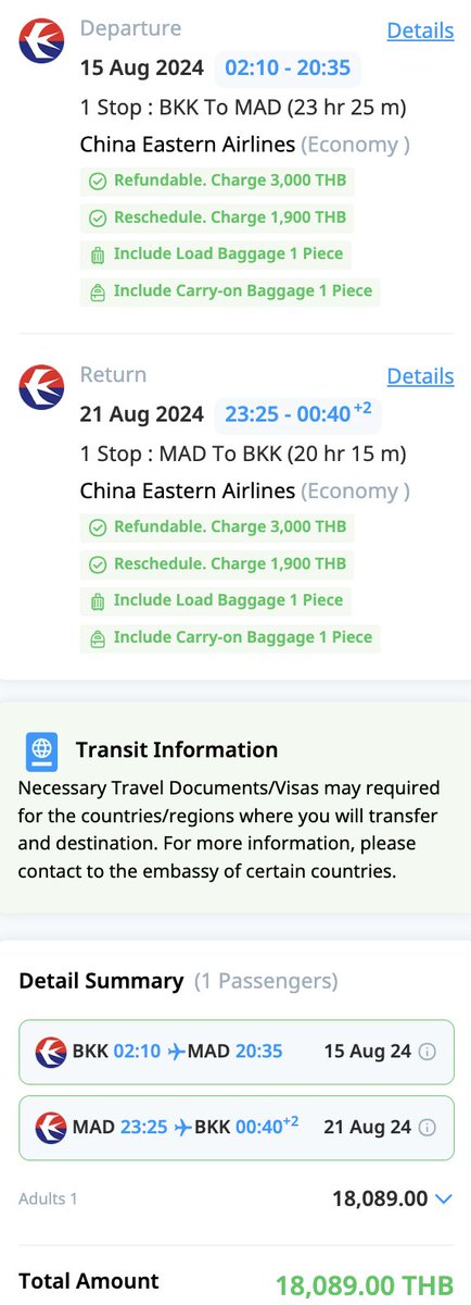 ✈️ Bangkok / Madrid / return 🇪🇸 1-week roundtrip 18,089 Baht