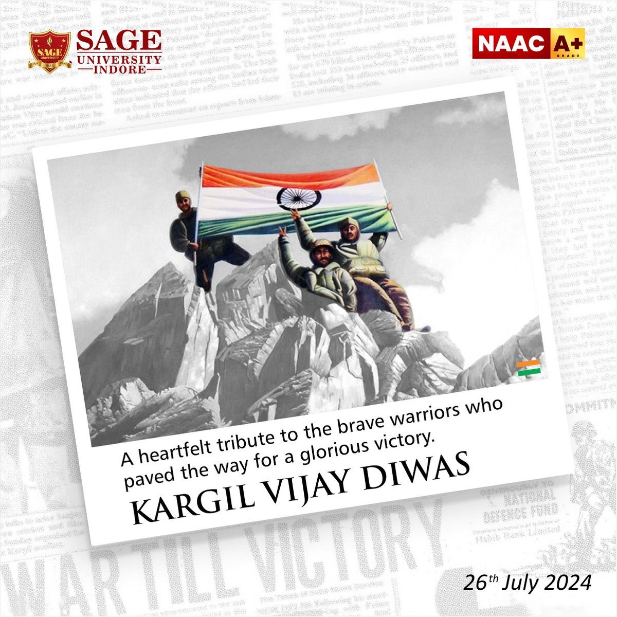 SAGE_INDORE's tweet photo. Kargil Vijay Diwas reminds us of the immense sacrifice & dedication of our armed forces. Let’s stand united in their honor today and always.
-
#Kargil #KargilVijayDiwas2024 #IndianArmedForces #IndianArmy #IndianSoilders #SAGEUniversitY #SAGEUniversityIndore #SAGEIndore https://t.co/5FJpAxCJuR