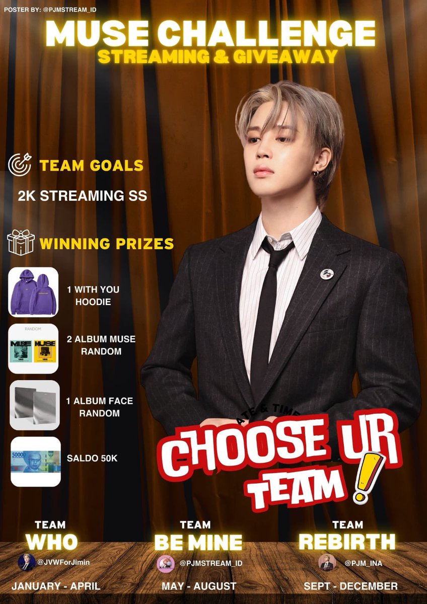 PJM_INA's tweet photo. ’MUSE’ JIMIN STREAMING PARTY CHALLENGE GIVEAWAY START!🥳🔥
~ Team Who VS Team Rebirth VS Team Be Mine.
🎯 2K STREAMING SS (PER TEAM)
🎁 With You Hoodie, 2 Album MUSE random, 1 Album FACE & Saldo 50K
Check in thread to choose your team 👇
WHO TO THE TOP
MUSE TO THE TOP https://t.co/MSwNxpf5xh
