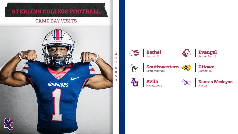 I am looking forward to attending <a href="/SCWarriorFB/">Sterling College Football</a> on the 31st for a game day visit. Thank you for the invite <a href="/CoachSchultzSC/">Coach Schultz</a>. 

 <a href="/CoachMikeCombs/">Coach Mike</a> <a href="/Warner_Football/">Warner Eagle Football</a>