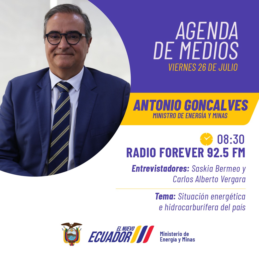 ViceminEnergia's tweet photo. 🎙️[AGENDA DE MEDIOS]

Este viernes 26 de julio, te invitamos a escuchar la entrevista que ofrecerá el ministro de Energía y Minas, @Antonio_GoncalS, a través de la señal de radio @925forever, en la cual informará sobre la situación actual de los sectores estratégicos del país. https://t.co/BuLrgIqaxi