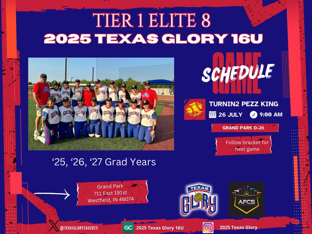 2025 Texas Glory (@2025texasglory) on Twitter photo Tier 1 Elite 8 starts tomorrow! Schedule drop ⤵️
⏰ 9:00 am
📍 Grand Park (D- 28)
Let’s gooooooo! <a href="/thealliancefp/">The Alliance Fastpitch</a> <a href="/TFLfastpitch/">Texas Fastpitch League</a> <a href="/TexasGlory/">Texas Glory</a> <a href="/coachbri15/">Bri</a> <a href="/WinTheNextPitch/">Jimmy</a> <a href="/LarranLimbaugh/">Larran Limbaugh</a> Tier 1 Elite 8 starts tomorrow! Schedule drop ⤵️
⏰ 9:00 am
📍 Grand Park (D- 28)
Let’s gooooooo! <a href="/thealliancefp/">The Alliance Fastpitch</a> <a href="/TFLfastpitch/">Texas Fastpitch League</a> <a href="/TexasGlory/">Texas Glory</a> <a href="/coachbri15/">Bri</a> <a href="/WinTheNextPitch/">Jimmy</a> <a href="/LarranLimbaugh/">Larran Limbaugh</a>