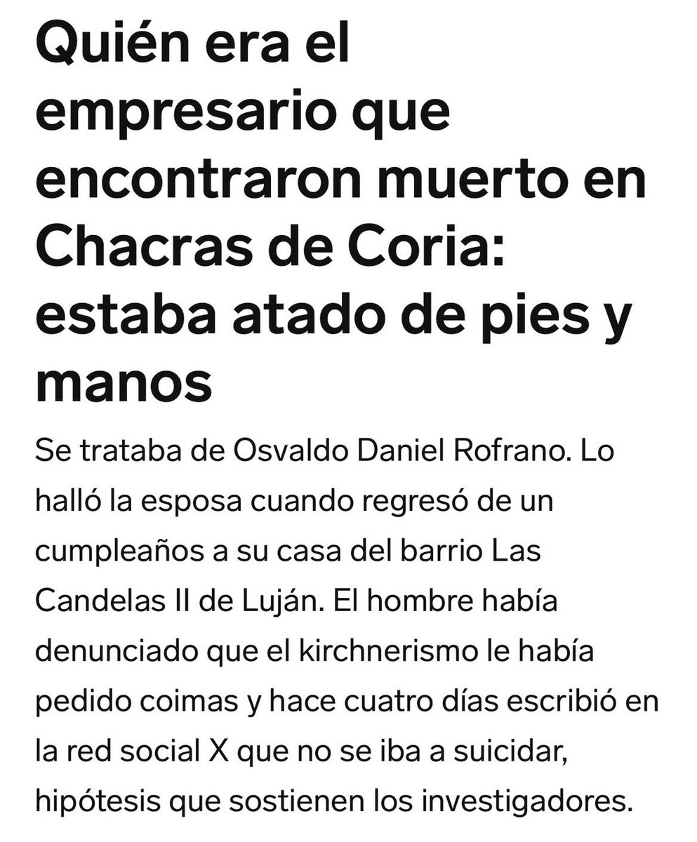 therealbuni's tweet photo. Hace 4 días un empresario de mendoza denunciaba que los kukardos lo amenazaron por coimas 
Hoy apareció muerto https://t.co/FLHMGInE6b