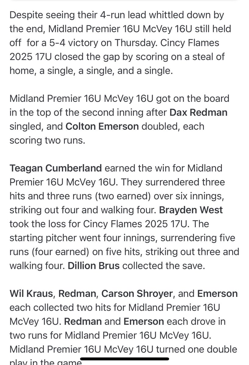 MidlandBraves's tweet photo. Premier team gets a victory in game 1 of Flames/PBR tourney 5-4. Cumberland 6ip 2er 4ks hitting leaders Redman 2/2 2RBI Emerson 2-2 2B 2RBI Brus 1-2 RBI Kraus 2-3 Schroyer 2-3 . Game tomorrow @ NKU 4:45pm @ZachBarnes2025 on the bump. https://t.co/YHAen9Smli