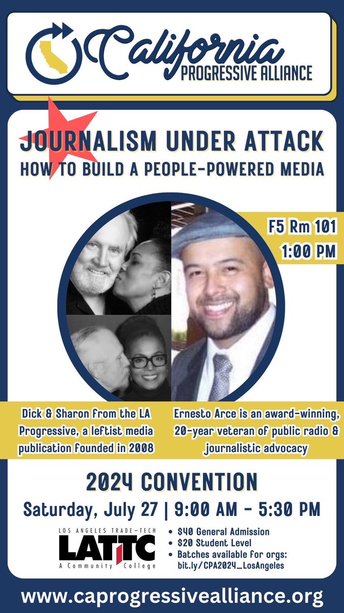 CAProgAlliance's tweet photo. Journalism is in its worst state in recent history.
Corporate consolidation of newsrooms, censorship of outlets, failed business models, mass layoffs, shutdowns... that’s only the beginning.

How can we defend #journalism? Join @LAProgressive &amp; @ReporterArce to discuss the sitch! https://t.co/DyHRyBYr7g