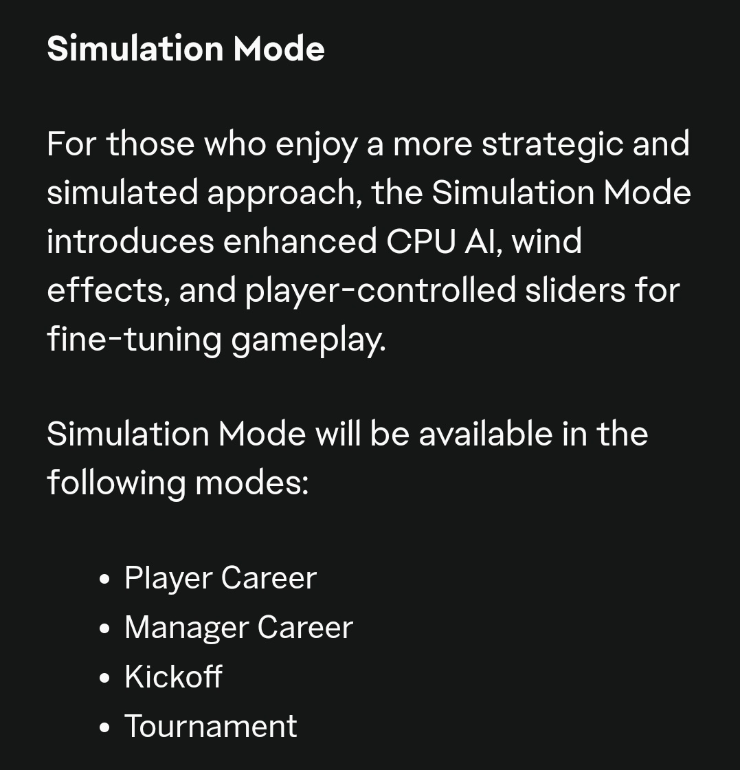 I hope EA adds more and more options in simulation mode. It's something I suggest to the team every year, and I was happy when I saw them present the mode in the presentation. We increasingly need to customize our gameplay. #FC25