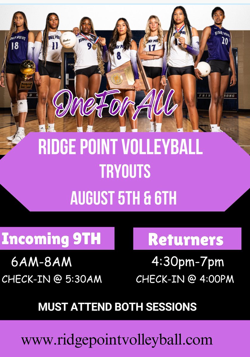 🏐🔥 The 2024 season is around the corner! 

Are you ready to be a part of something GREAT? 🏐🐾💜

Visit our website for more information about tryouts.

ridgepointvolleyball.com. 

#OneForAll #allin