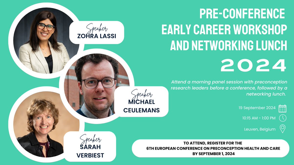 HiPPP_EMR_C's tweet image. Early-career researchers: join us for a pre-conference workshop and networking lunch on Sept 19 in Belgium! Meet panelists and peers before the 6th European Conference on Preconception Health. Sign up when you register! gbiomed.kuleuven.be/english/resear… #ECR #Preconception