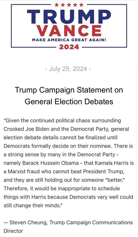 CalltoActivism's tweet image. BREAKING!!! DONALD TRUMP IS BACKING OUT AND REFUSES TO COMMIT TO DEBATE KAMALA HARRIS.

The felon is petrified of the prosecutor.