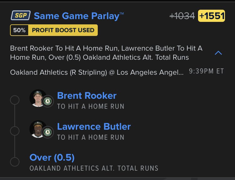 locko_clock's tweet photo. Used my SGP boost on this… has cashed twice in the A’s last 7 games…🤞

#GamblingX #MLBTwitter https://t.co/GYjUr6bc1F