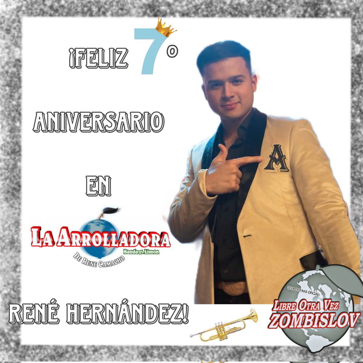 Hoy Club Oficial Zombis LOV  festejamos el 7️⃣⁰  Aniversario 🥳 de el ingresó como trompetista a la Arrolladora Banda El Limón de:

▫️RENÉ HERNÁNDEZ 🕺🏻🎺💚🍋🫶🏻

¡Muchísimas Felicidades! 👏🏻🥳 

#ZombisLOV 🍋 💚 
#FelizAniversarioRH 🐸 🥳